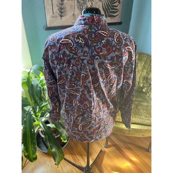 80s Neutral Colors + Blue Paisley Collared Button-Up Shirt - Picture 4 of 5